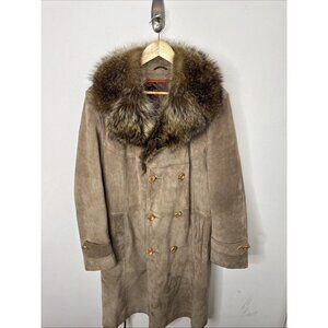 Vintage Mirabel Woman 44 XL Leather Peacoat Overcoat Penny lane Fur Trim Collar